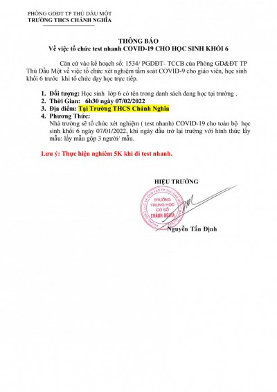 thông báo test covid cho học sinh