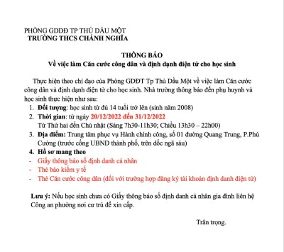 Thông báo làm căn cước công dân và định danh điện tử cho học sinh
