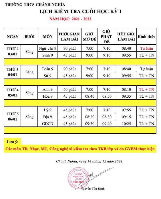Lịch kiểm tra Học kỳ 1 - Khối 9 năm học 2021-2022