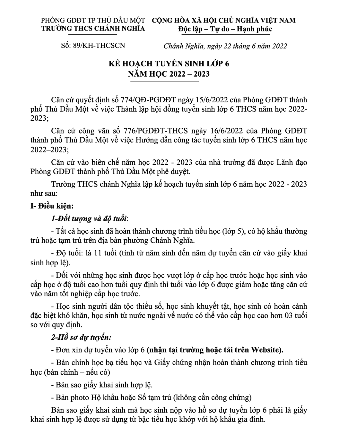 KH tuyển sinh 6 1