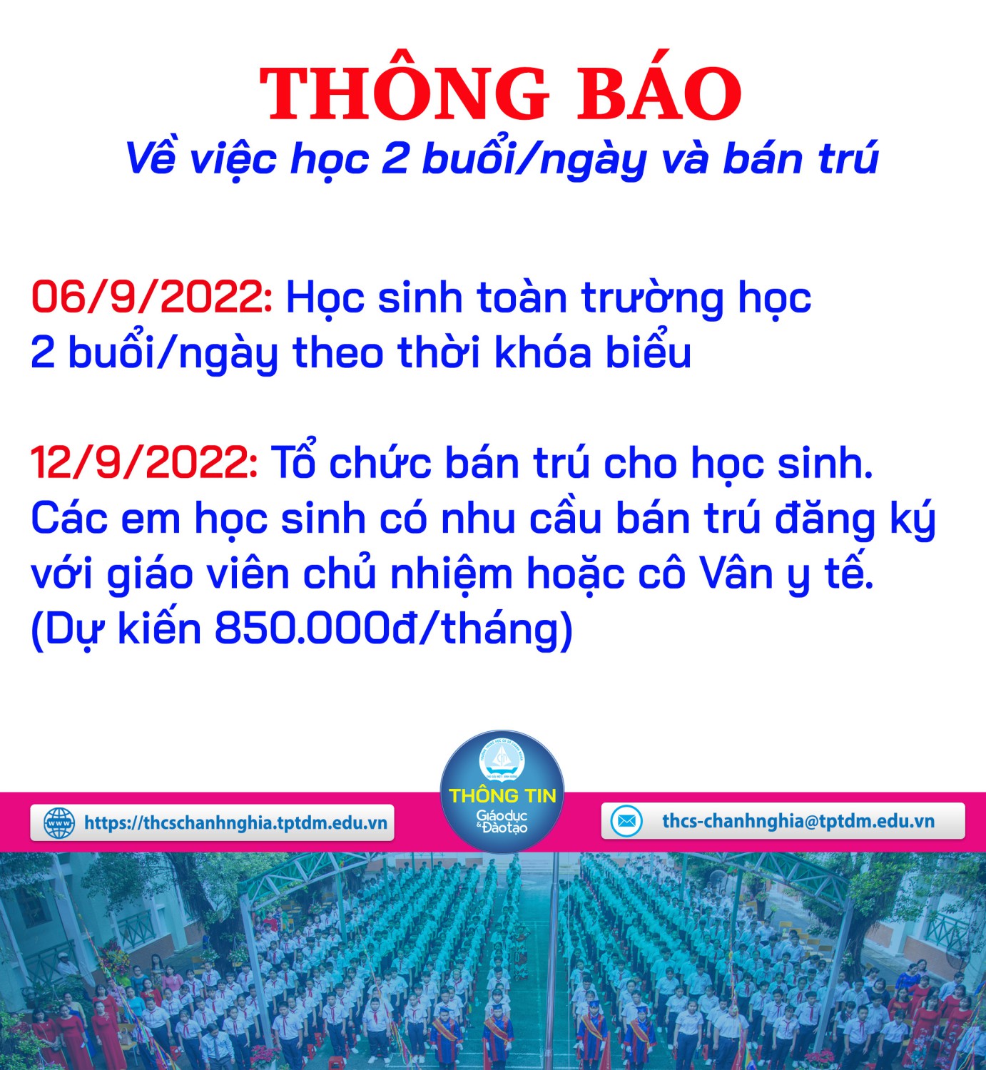 Thông báo học 2 buổi/ngày và bán trú