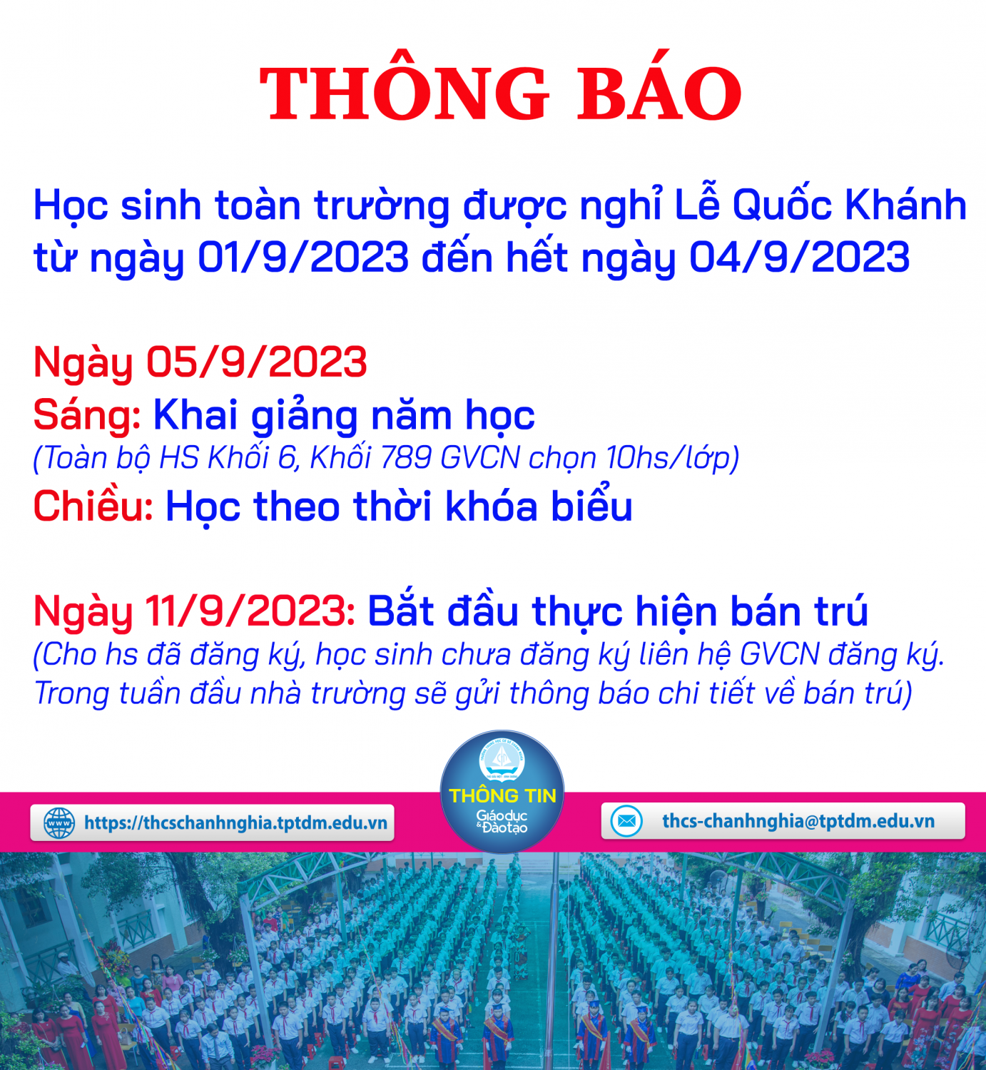 Thông báo nghỉ Lễ quốc khánh và Khai giảng