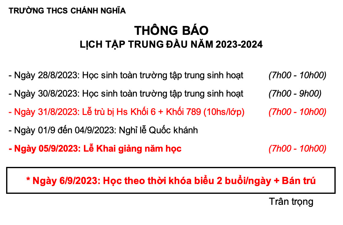 Lịch tập trung đầu năm