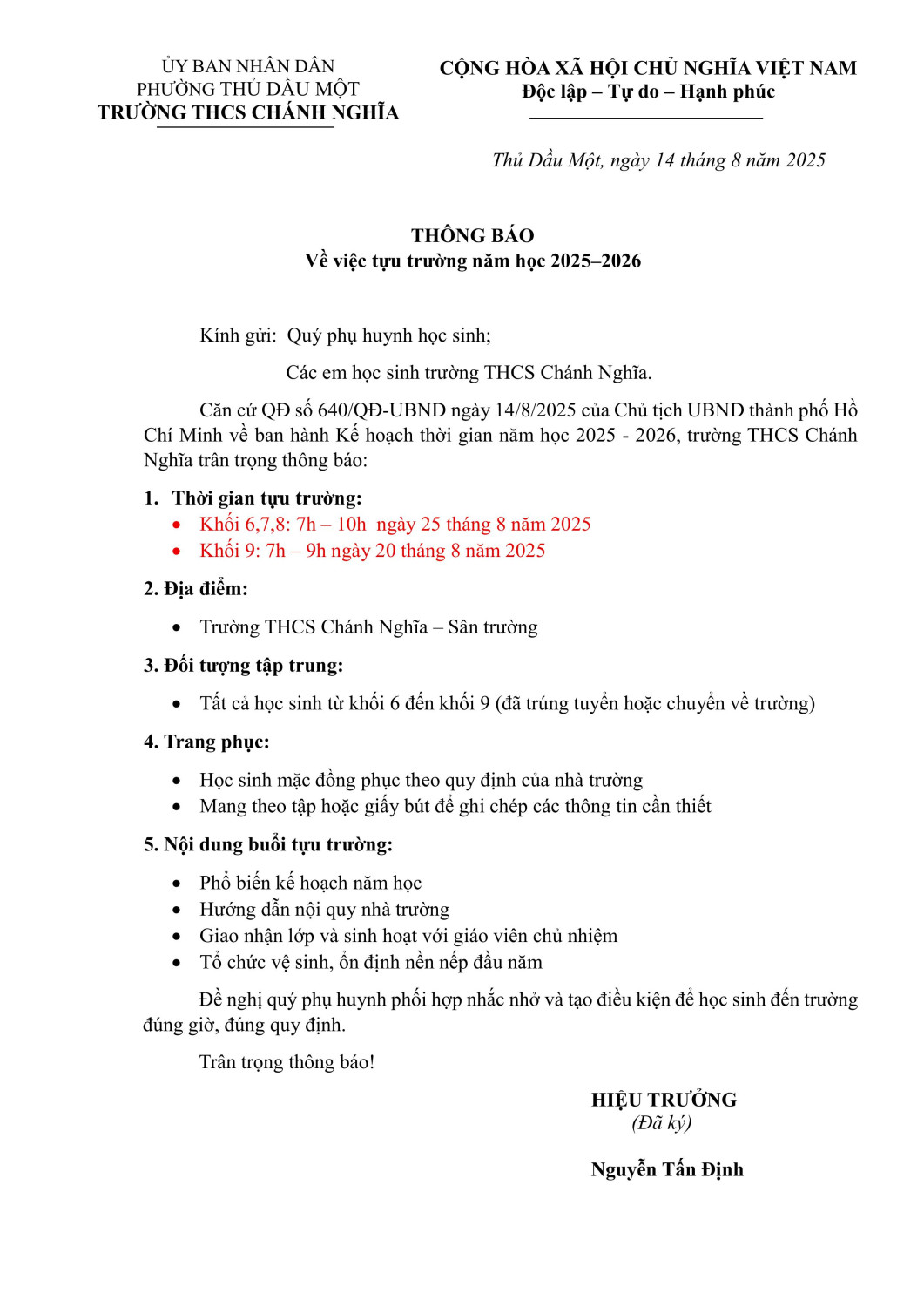 Thông báo tựu trường